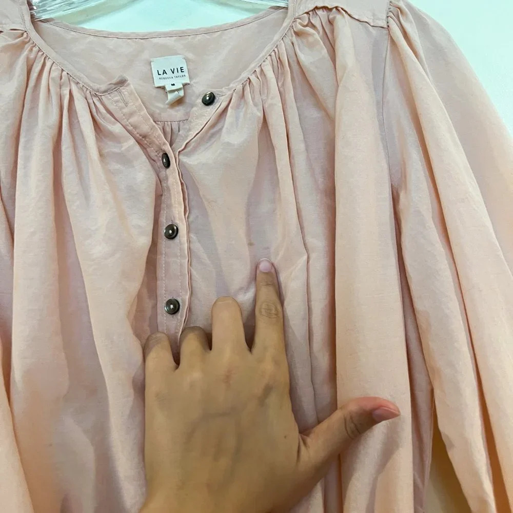 La Vie Rebecca Taylor Pink Silk Blend Balloon Sleeve Bow Button Down Blouse M - Picture 4 of 8